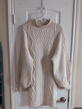 HM Cream Cable Knit Mock Neck Balloon Sleeve Oversized Sweater Dress L